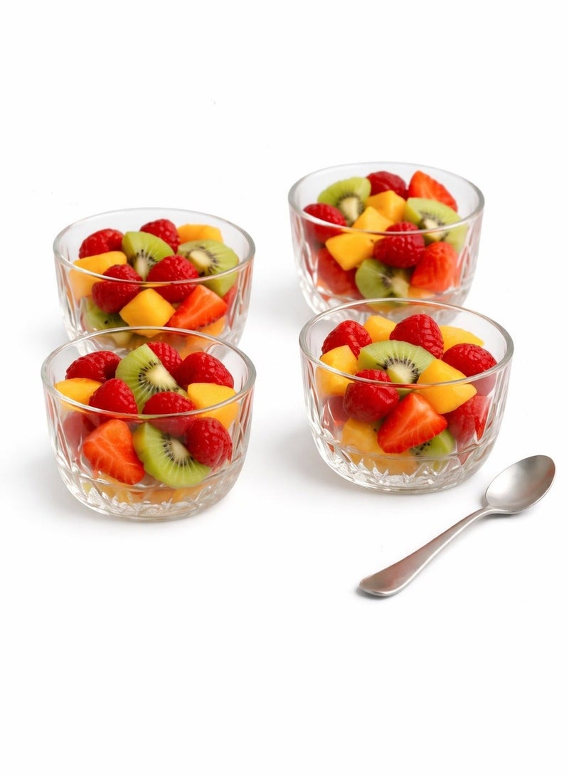 WAW Crystal Glass Bowl Set of 4 – Transparent Embossed Design, Multi-Purpose Dessert, Salad & Snack Serving Bowls - Image 1